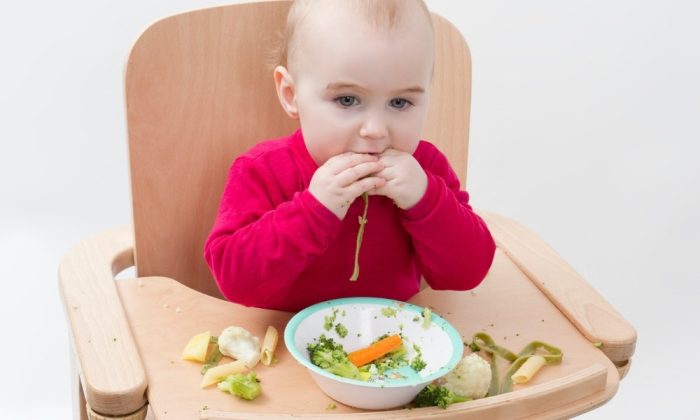 Un enfant assise sur une chaise haute évolutive