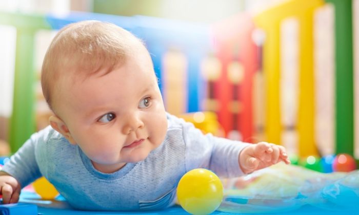 Un bébé dans un parc avec de nombreux jouets